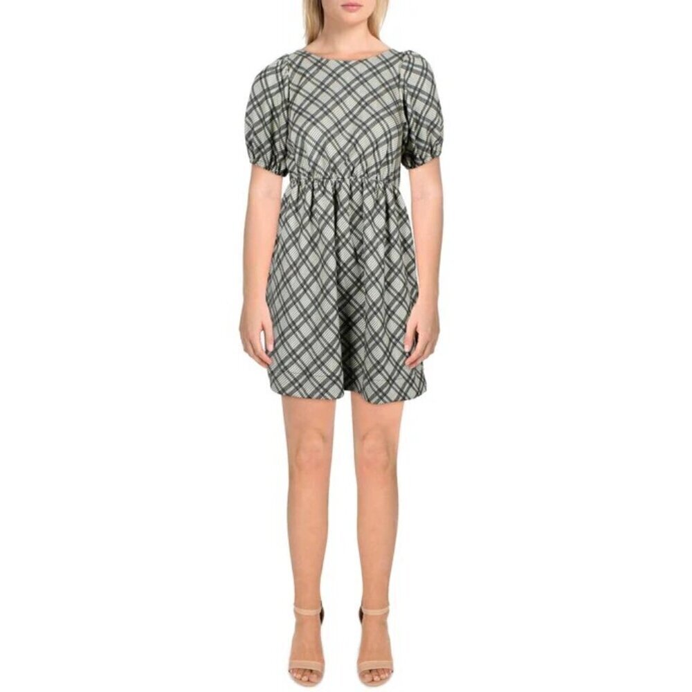 NWT LINE & DOT Lisa Puff Sleeve Short Mini Dress Green Plaid Size M